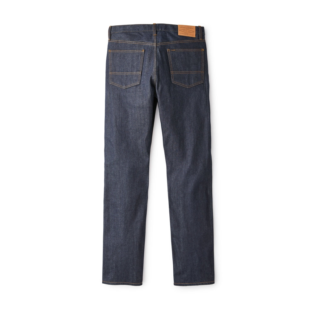 RAW DENIM MENS BOOT CUT JEANS WITH CONTRAST STITCHING AND LEATHER INSERTS